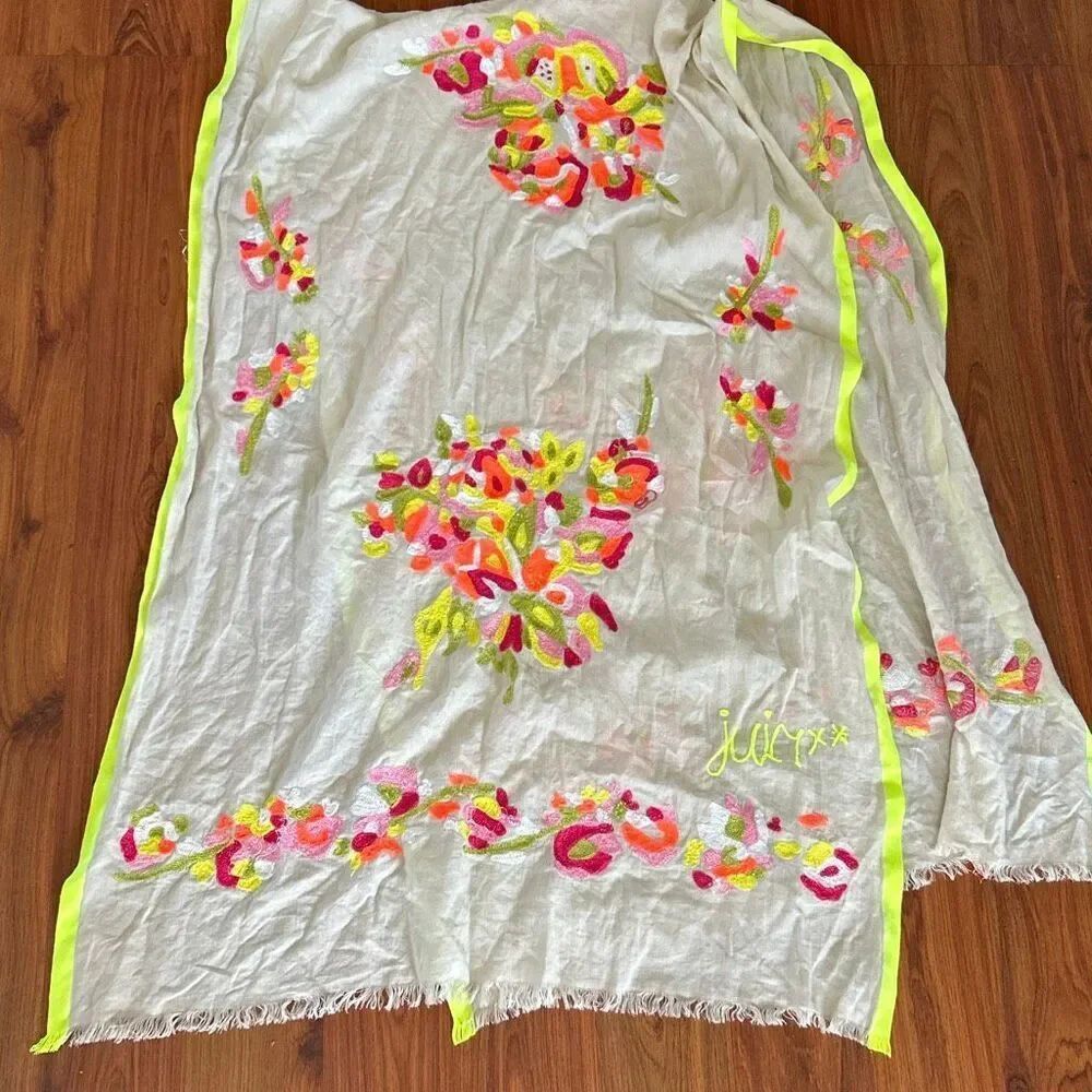 Juicy couture neon pink green embroidered gray scarf sarong swimsuit cover-up wr